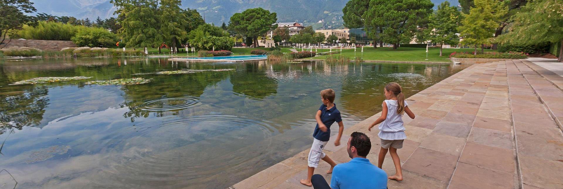 Children are throwing stones into a pond